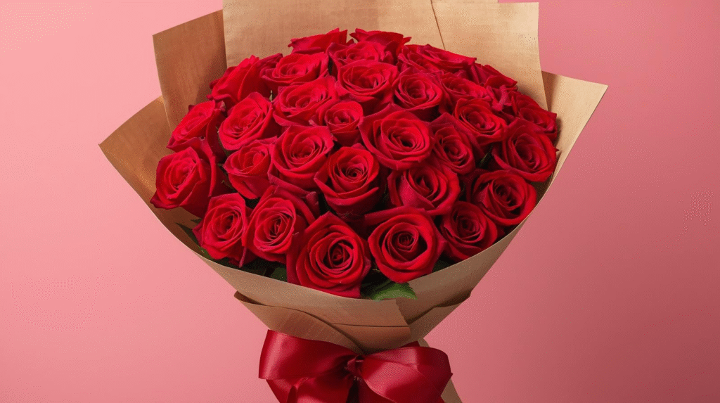 Buket 20 crvenih ruža u natur papiru, dostava cveća Ruma